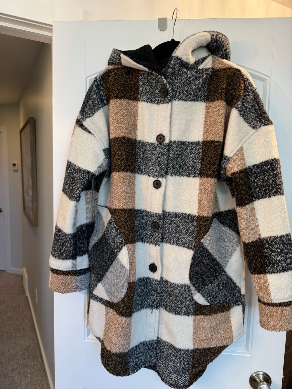 Ladies medium cozy Coat - Brown, Black & Cream